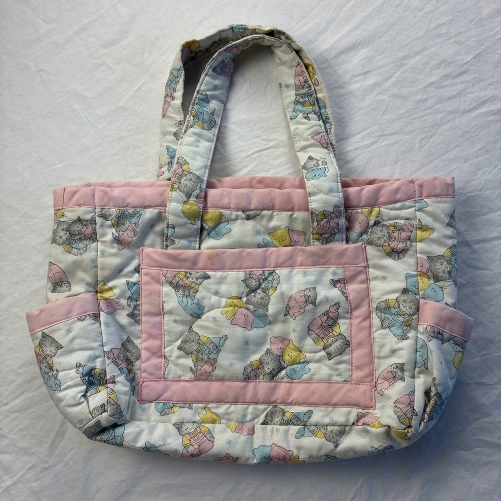 Vintage Quilted Kitten Balloon Print Tote Bag Pink White 90s Nursery Handbag Cat
